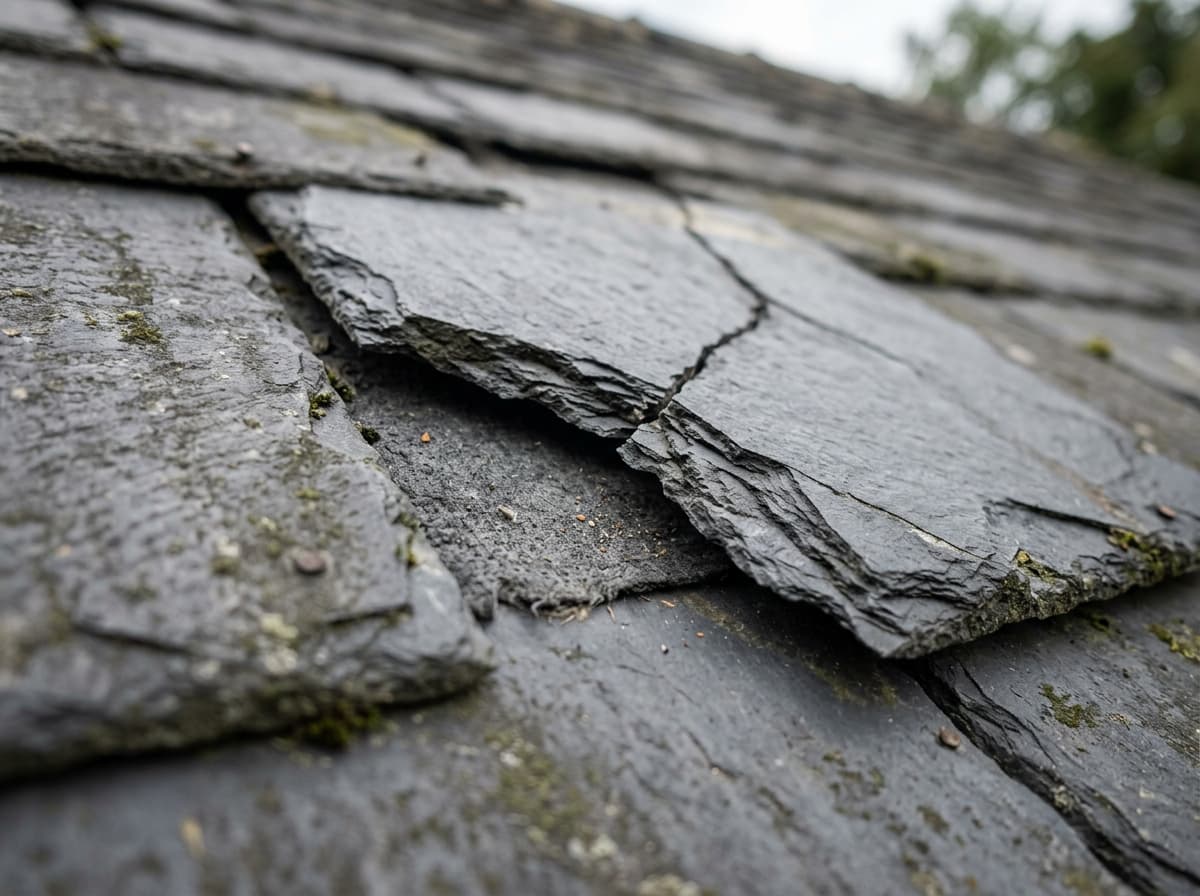 A close-up of a cracked, broken slate roof tile among the surrounding tiles, with moss build-up visible.